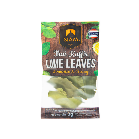 Packaging of Thai Kaffir Lime Leaves with Siam brand logo on a white background