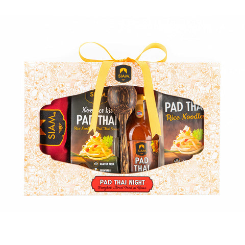 Packaged food set with 'SIAM' branding featuring bottles and a box on a white background.