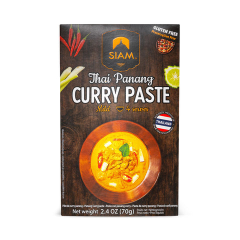 Box of Siam Thai Panang Curry Paste with branding and product details on a white background